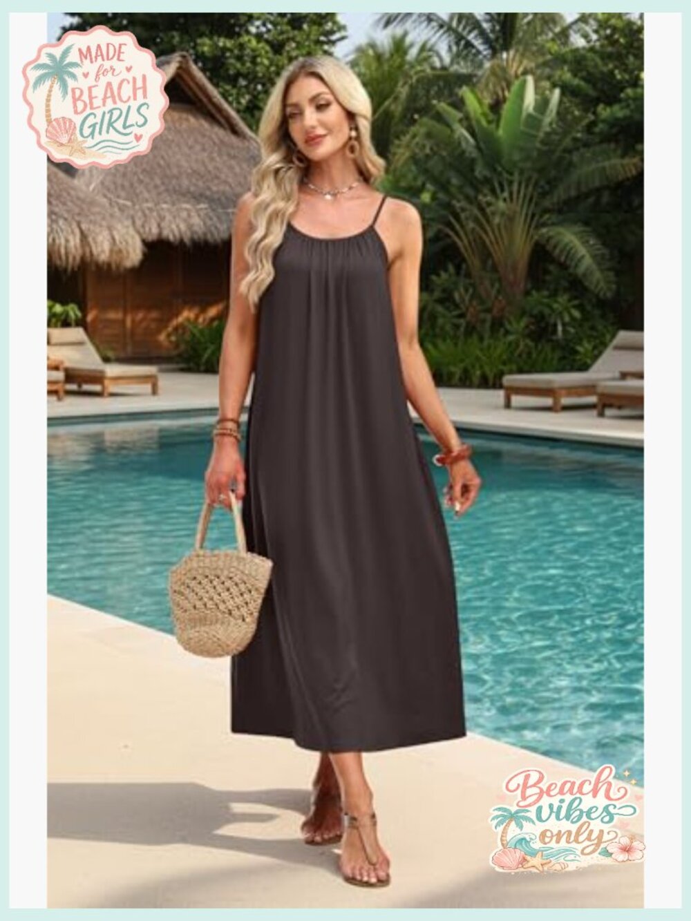 Backless Cami Maxi Sundress - Spaghetti Strap Beach Vacation Swimsuit Coverup - Picture 4 of 7